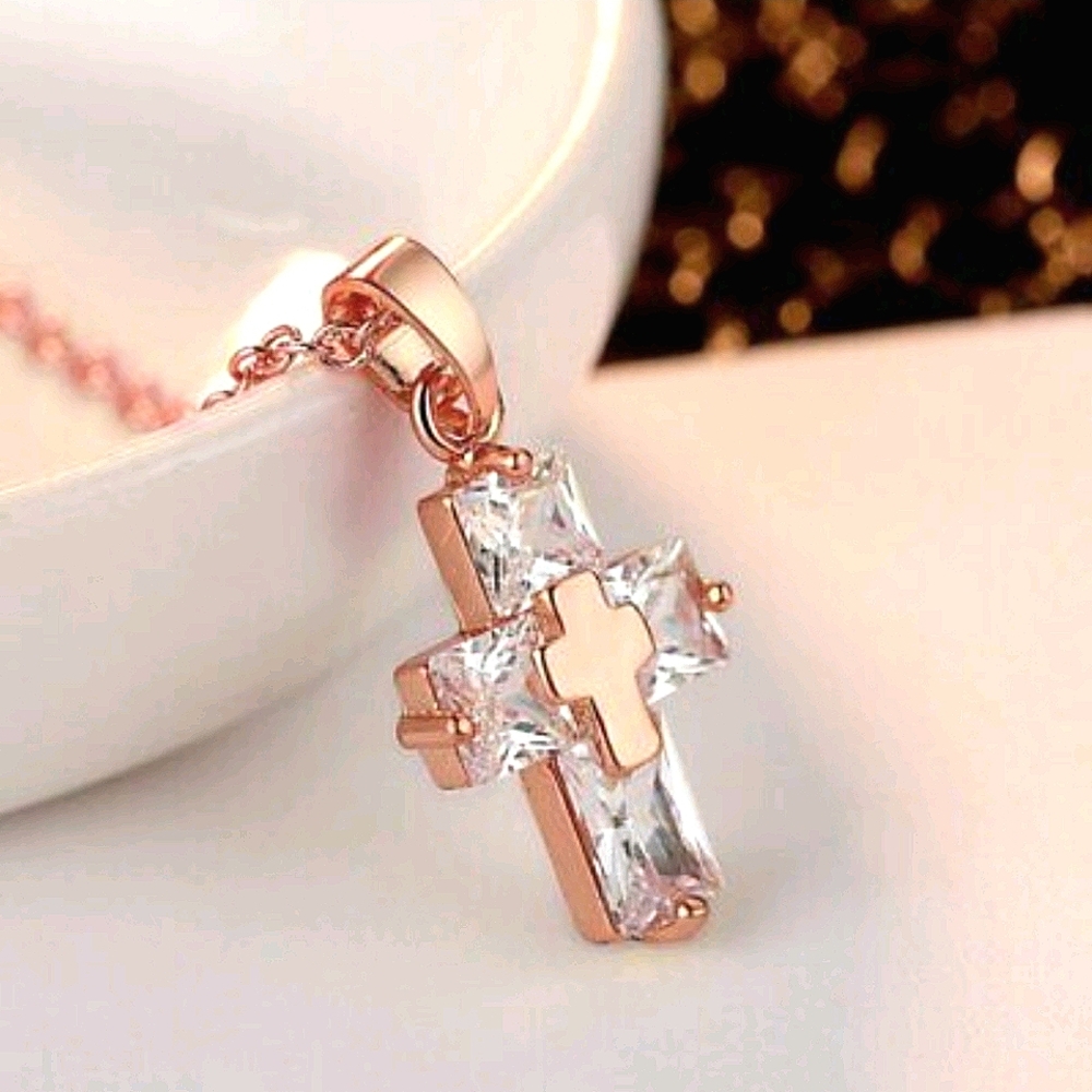 14k Rose Gold Crystal Cross Necklace NWT